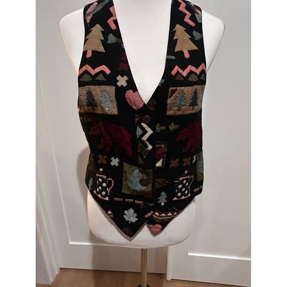Nadia Vintage Tapestry Vest Womens Medium Black Bear Tree Lodge Cabin Core 90s